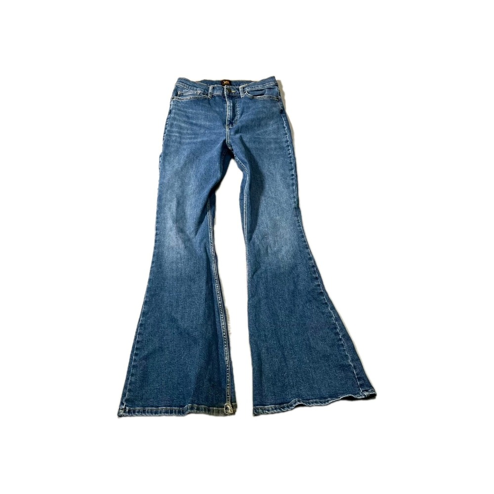 Lee Jeans Womens 29 Blue Denim Cotton Stretch Medium Wash Whiskering Flare Leg